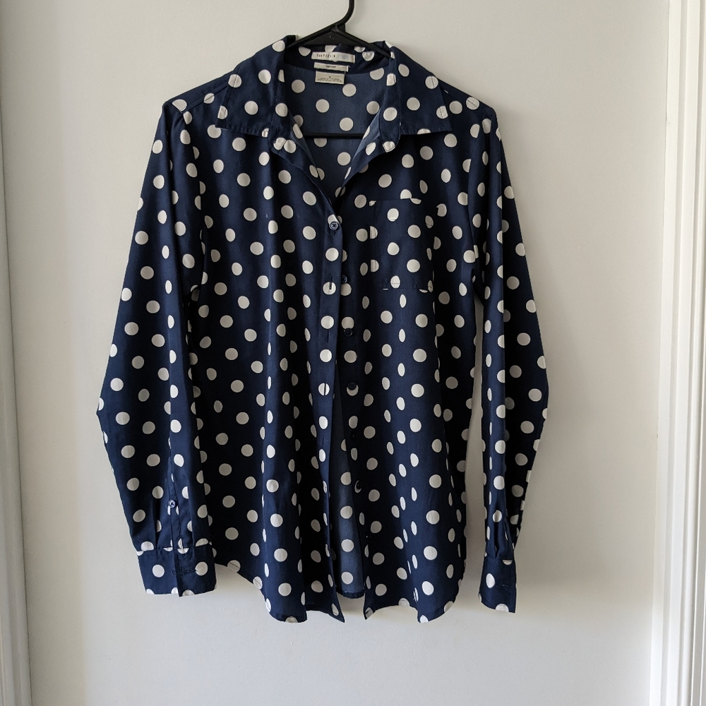 Blue and white polka dot blouse
